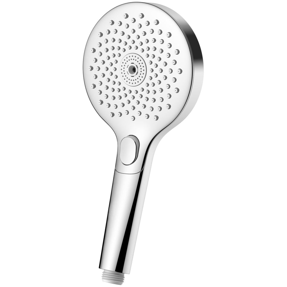 Chrome handheld shower head with round spray face and single jet