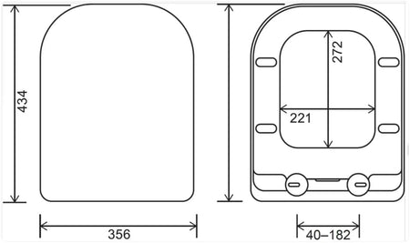 Square toilet seat diagram with 356 x 434 mm dimensions and hinge positions