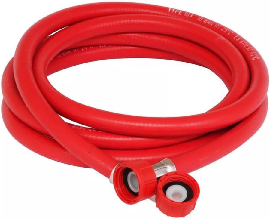 Red dishwasher hot water fill hose with red end fittings and white insert