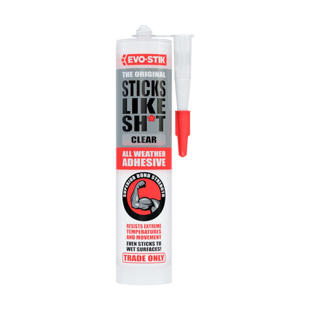 EVO-STIK clear all-weather adhesive cartridge, 290 ml, with red applicator nozzle