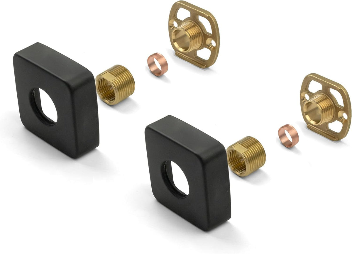 Matt black square shower mounting brackets with brass 3/4 BSP connectors
