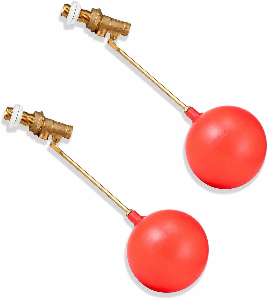 Two brass float ball straight inlet valves with red plastic float balls