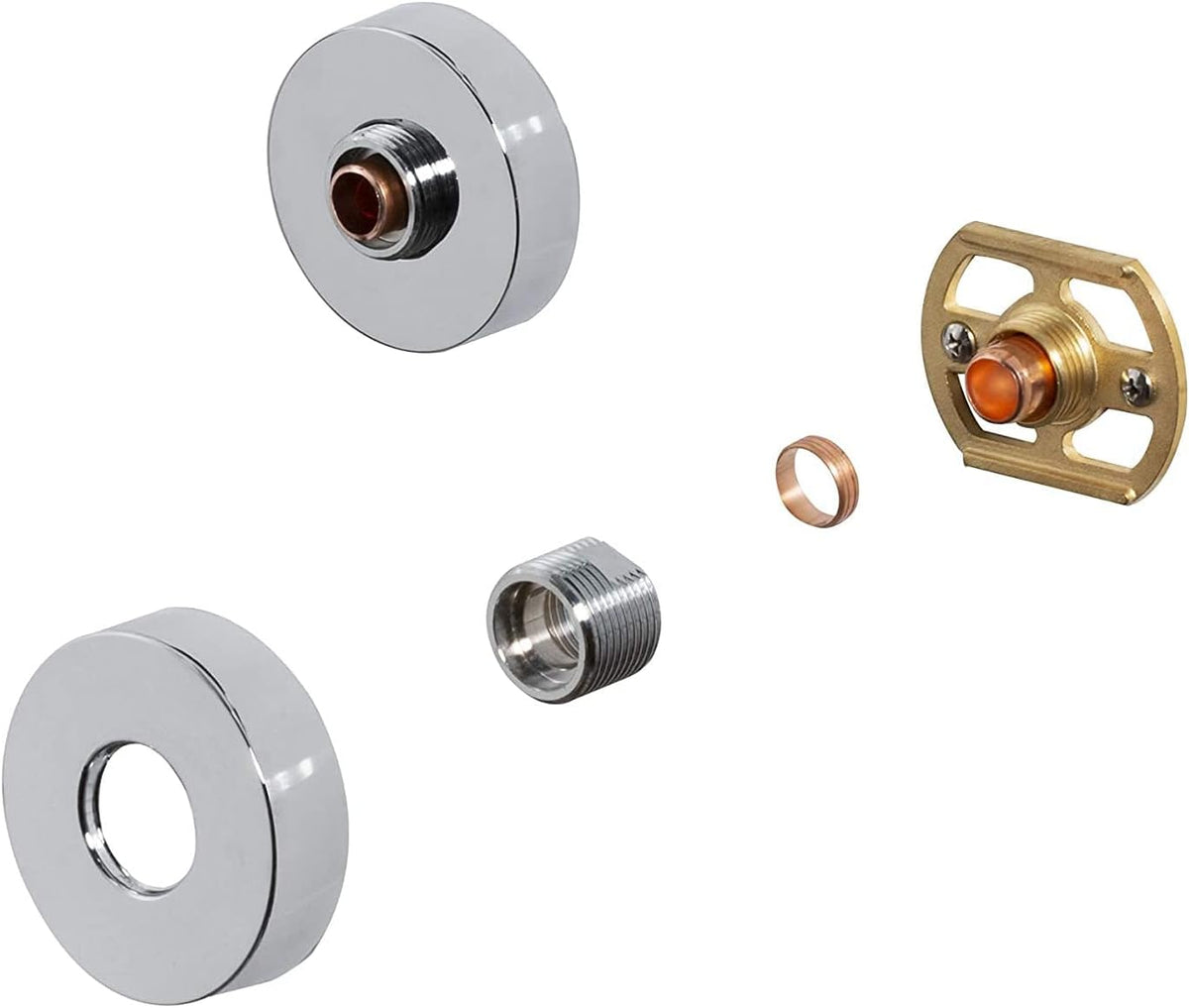 Chrome shower valve mounting plate with central port, threaded coupling, and brass backing plate