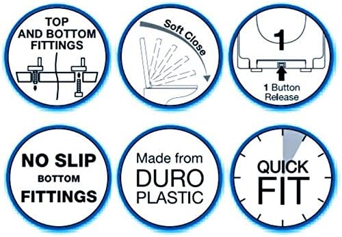 Soft-close quick-fit toilet seat with top and bottom fixings feature icons
