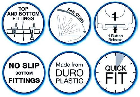 Soft-close quick-fit toilet seat with top and bottom fixings feature icons