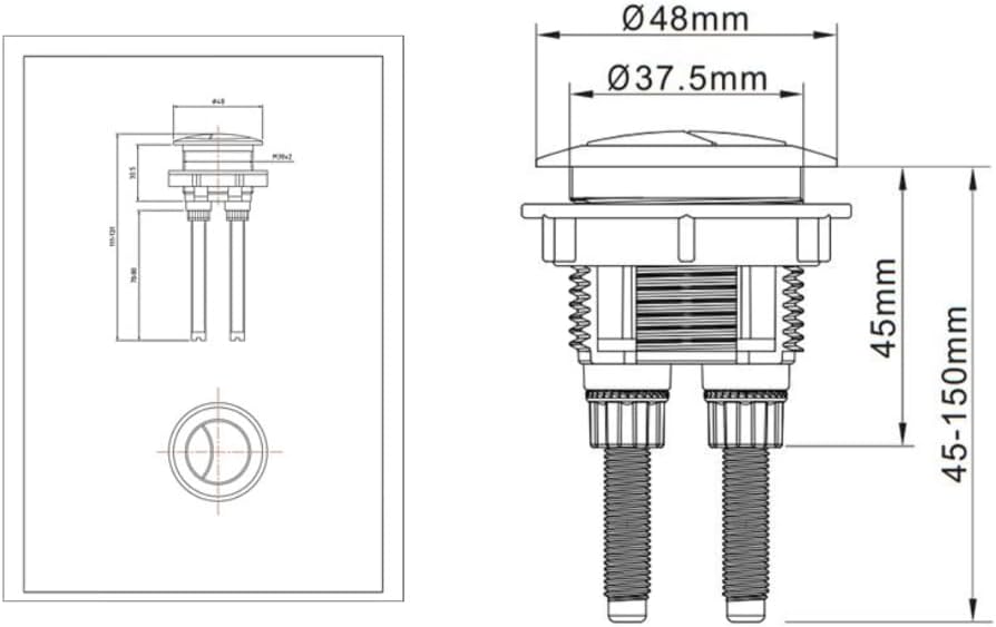 Brushed brass toilet flush button mounting diagram with two adjustable spindles