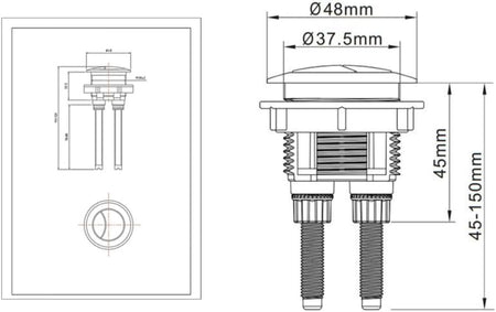 Brushed brass toilet flush button mounting diagram with two adjustable spindles