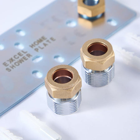 Shower fixing plate with two chrome fittings and brass ends for hot and cold connections