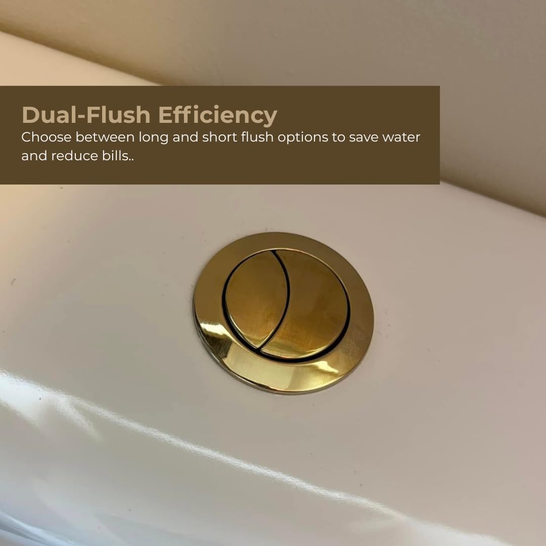 Brushed brass dual flush toilet button on white toilet cistern lid