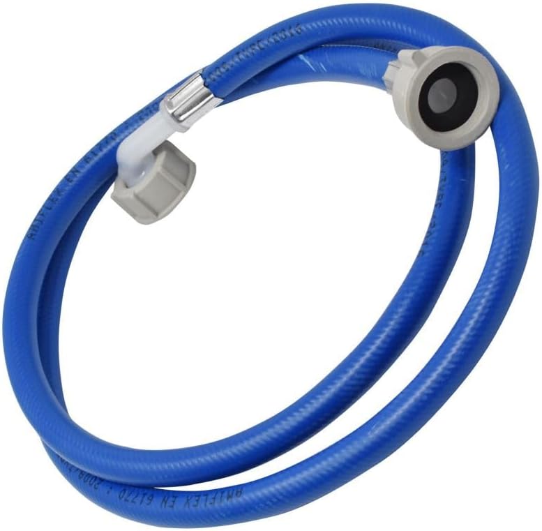 Blue dishwasher hot water fill hose with grey end fitting and black seal