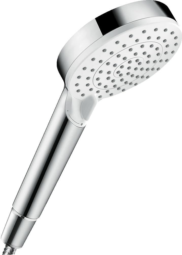 Chrome hand shower with white face, spray holes and Vario-style head