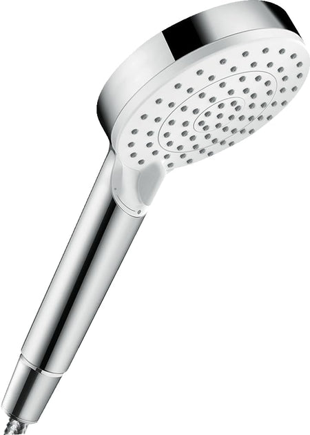 Chrome hand shower with white face, spray holes and Vario-style head