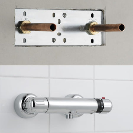 Shower fixing plate mounted behind wall with brass pipe ends and screw holes