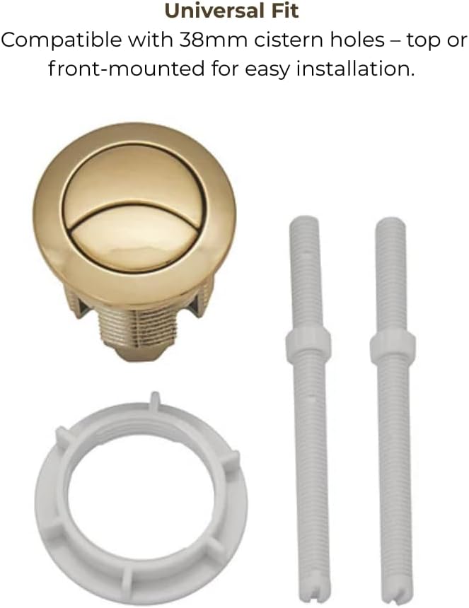 Toilet flush button kit in brushed brass with adjustable spindles and mounting ring