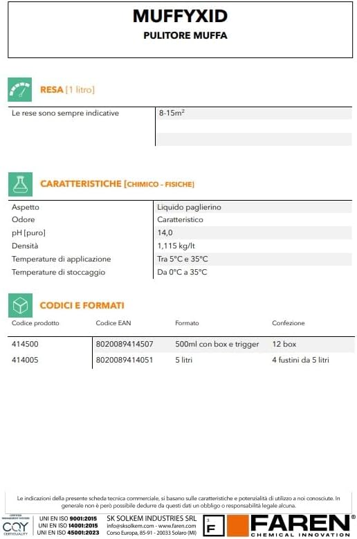 Cleaner specification sheet with coverage, chemistry details, and format codes