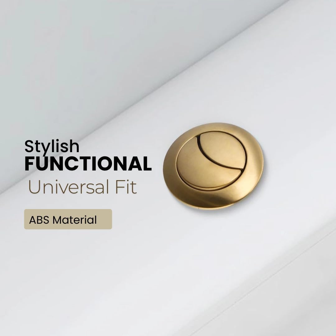Brushed brass toilet flush button with universal fit styling on white cistern