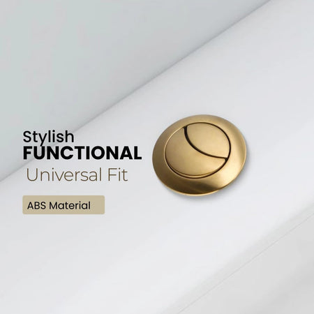 Brushed brass toilet flush button with universal fit styling on white cistern