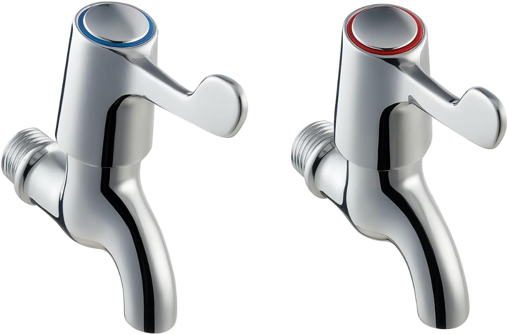 Chrome lever action bib tap pair with blue and red temperature indicator caps