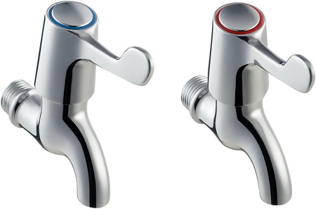 Chrome lever action bib tap pair with blue and red temperature indicator caps