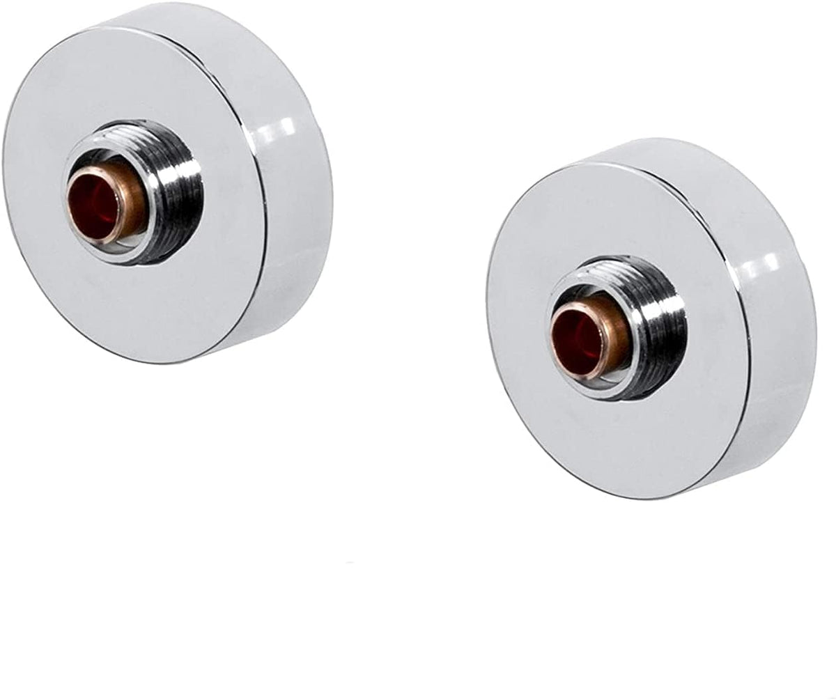 Two chrome shower valve trim plates showing inner threaded connection and copper ring