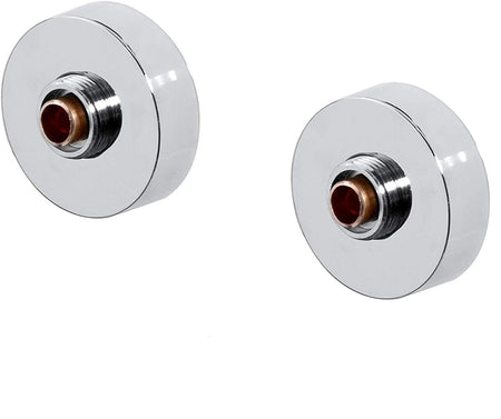 Two chrome shower valve trim plates showing inner threaded connection and copper ring