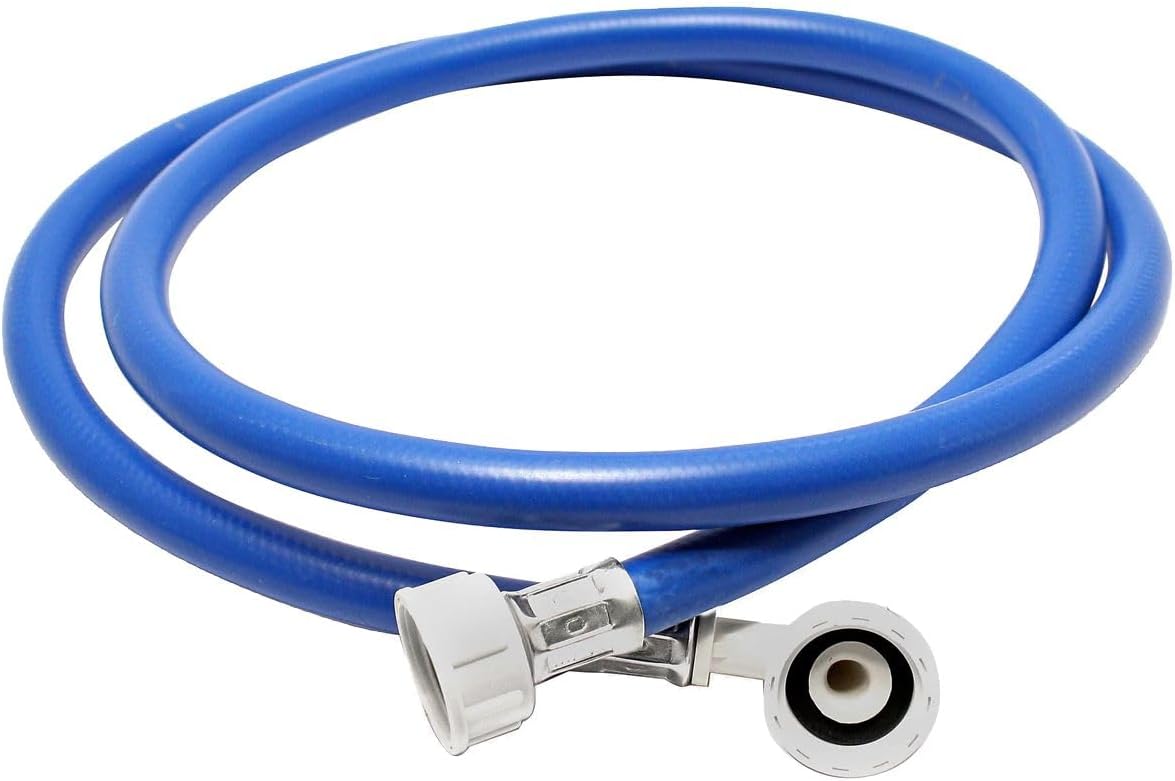 Blue washing machine hot water fill inlet hose with white connector ends