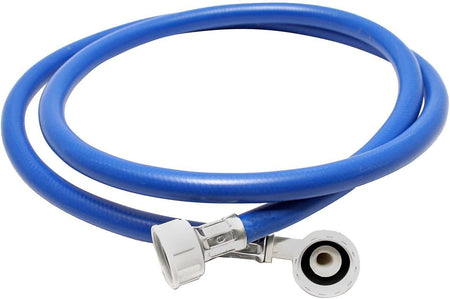 Blue washing machine hot water fill inlet hose with white connector ends