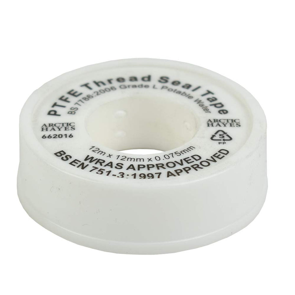 PTFE thread seal tape roll, white, printed with size and approvals