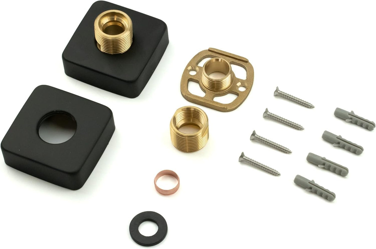 Matt black square shower mounting kit with brass adapters, screws, and washers