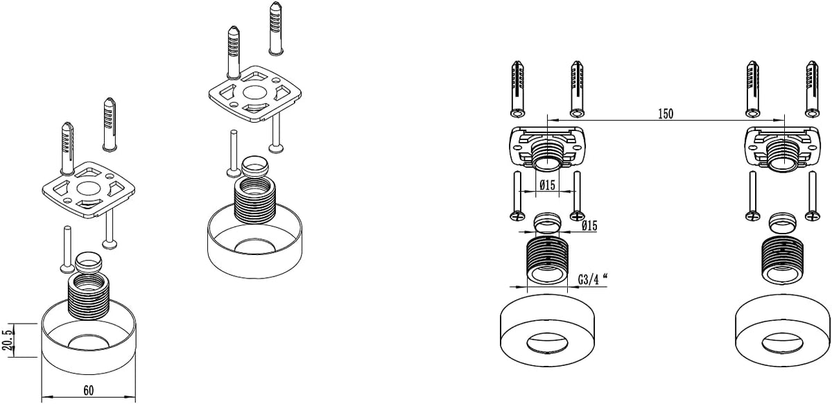 Wall-mounted shower valve fixing bracket kit diagram with mounting views and dimensions