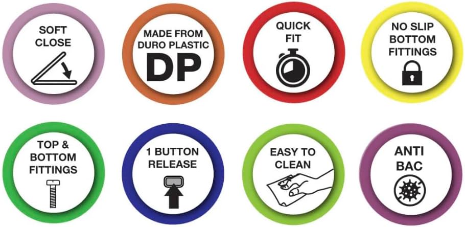 Toilet seat feature icons: soft close, quick fit, no slip, easy clean, anti-bac