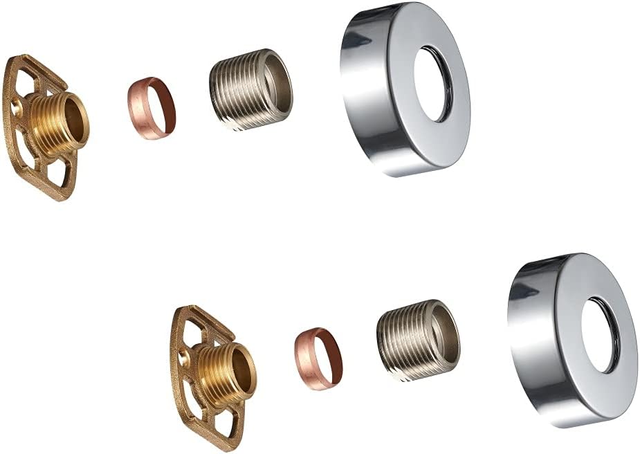 Wall-mounted shower valve fixing bracket kit with chrome shroud, brass flange, and sealing washers