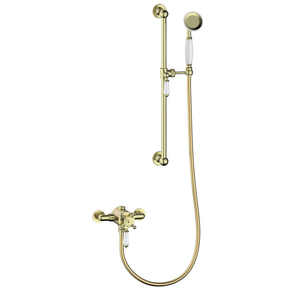 Brushed brass shower valve with riser kit and handheld shower head