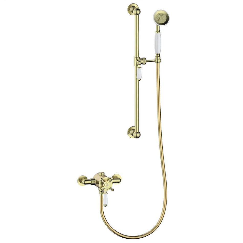 Brushed brass shower valve set with vertical riser, hose, and handheld head