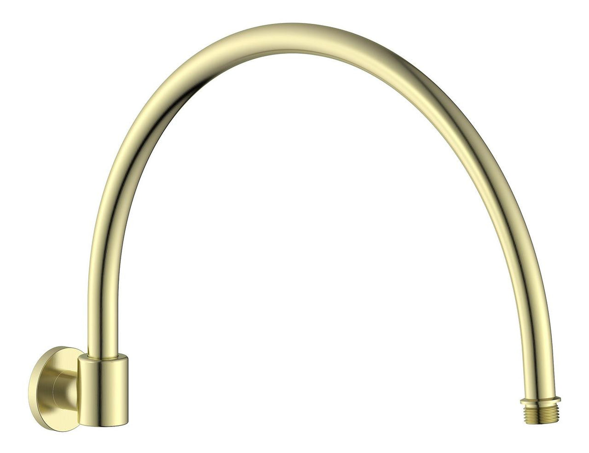Barwick brushed brass round shower arm with curved pipe and wall mount