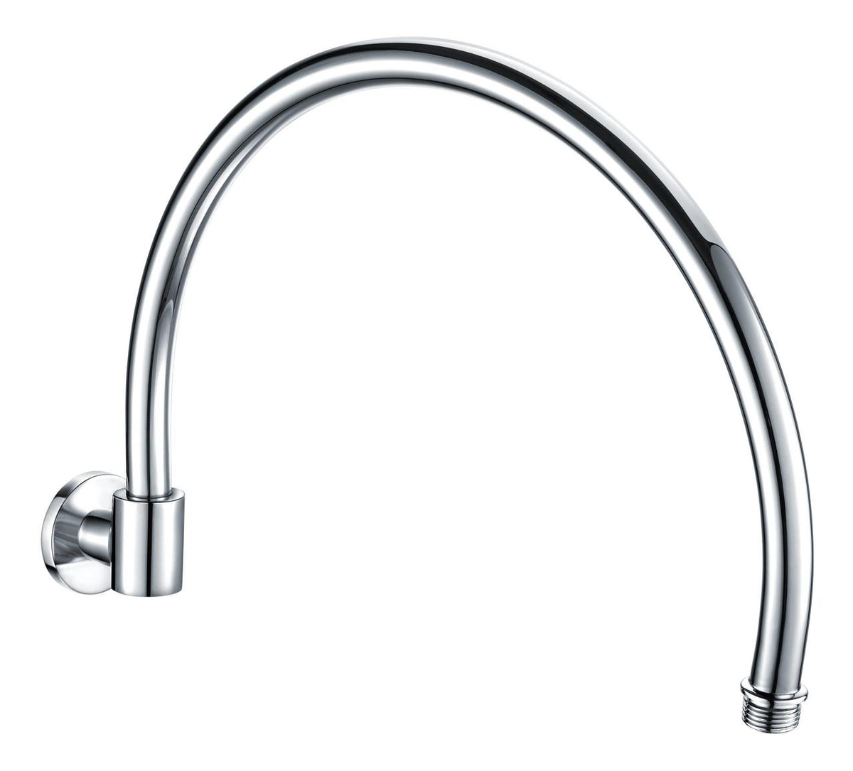 Curved chrome shower arm with round wall mount and threaded end