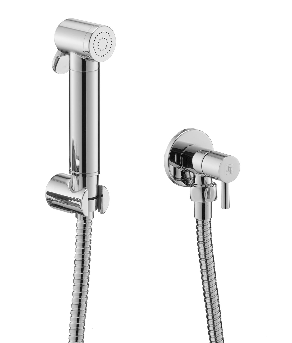 Chrome handheld shower set with angle valve, flexible hose and spray head