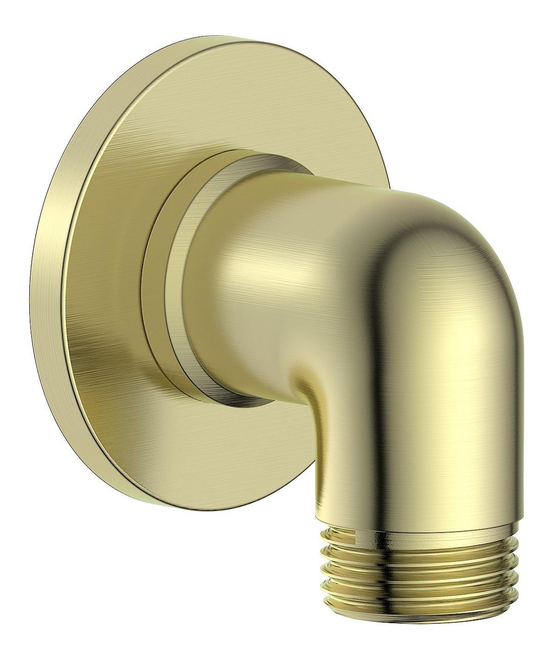 Brushed brass wall outlet elbow with round wall plate and threaded outlet
