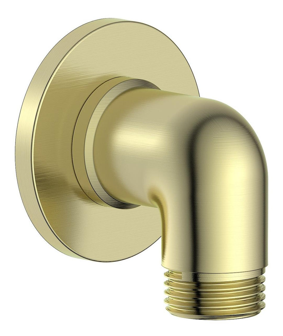 Brushed brass wall outlet elbow with round wall plate and threaded outlet