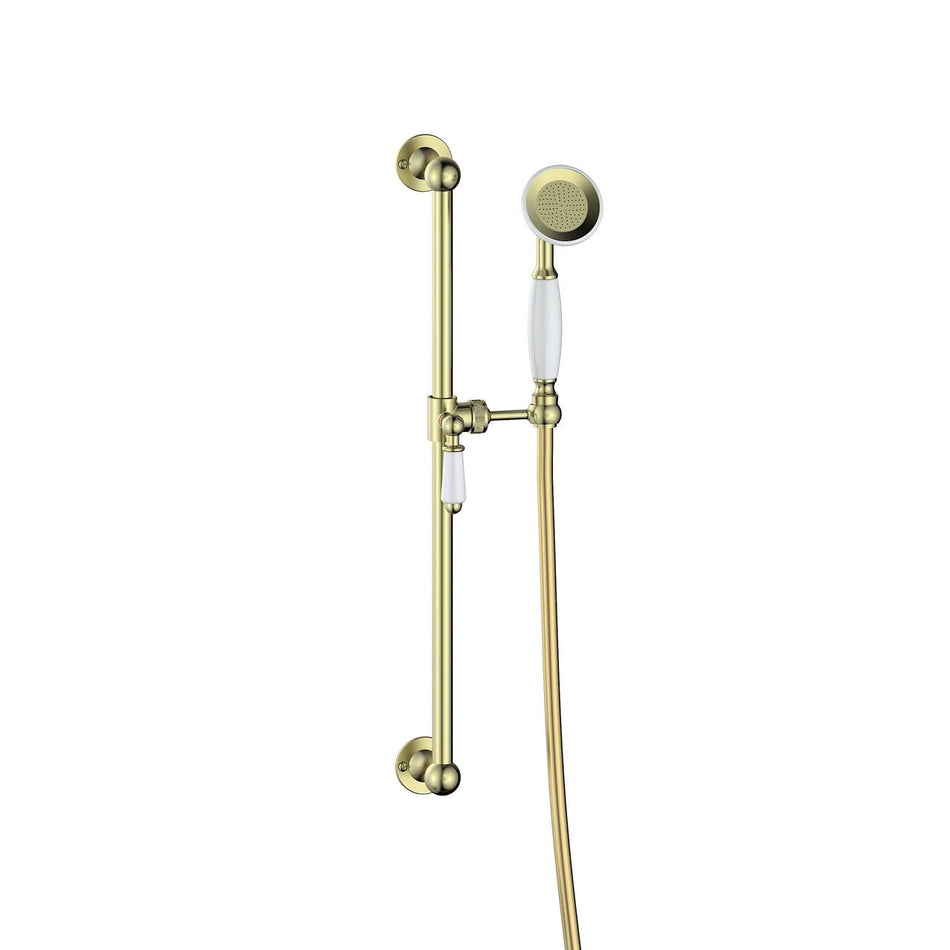 Brushed brass shower slider rail kit with handheld shower, white handle, and flexible hose