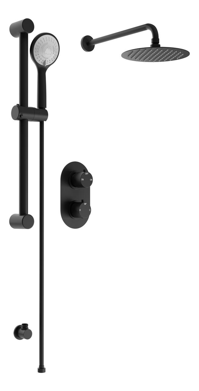 Matt black round wall outlet elbow fitting with shower outlet and round wall plate
