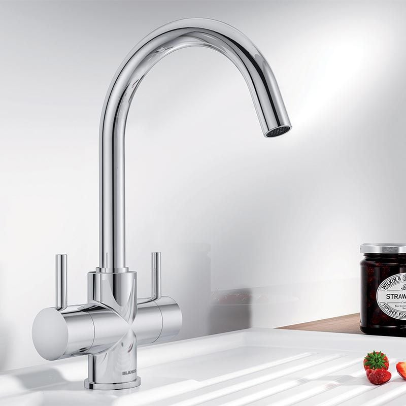 Chrome high C-spout kitchen mixer tap with twin lever handles