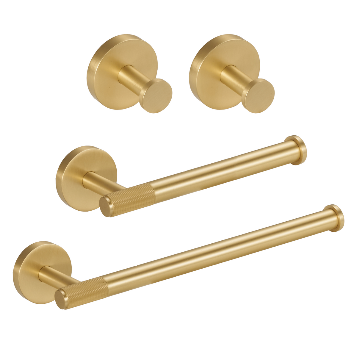 Brushed brass wall towel rail and hook set with matching round mounting plates