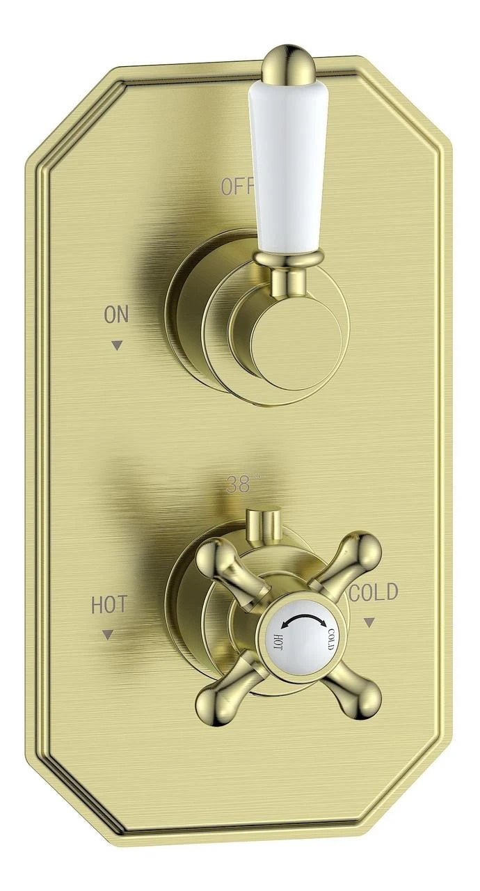 Barwick brushed brass thermostatic shower valve with white lever and cross-handle controls