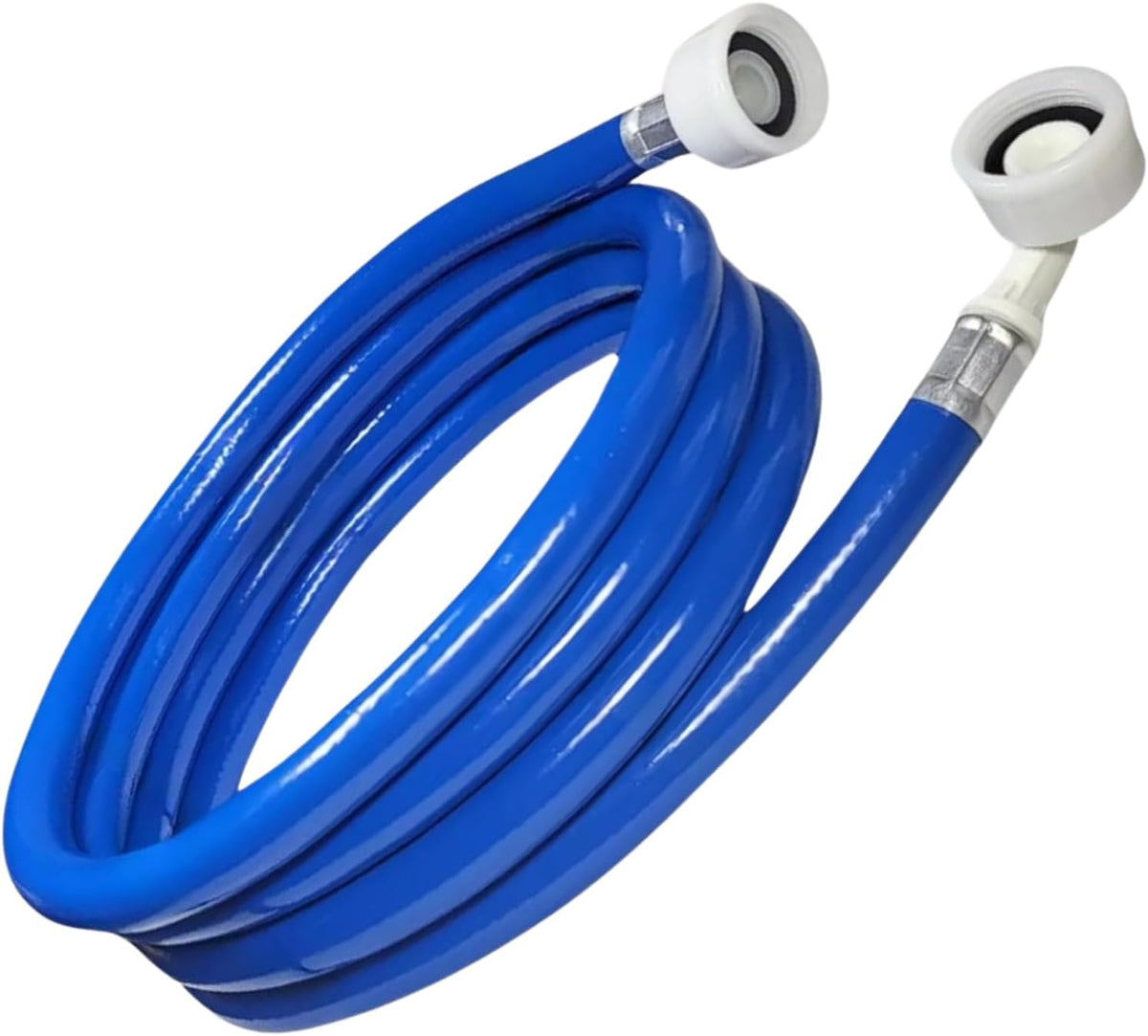 Coiled blue appliance inlet hose with two white connector ends and metal couplers