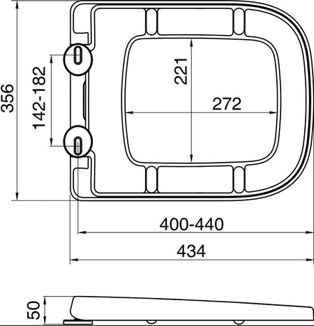 Toilet seat size diagram: 356 x 434mm, top & bottom fix, soft-close