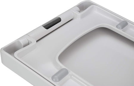 White toilet seat lid close-up with molded grip handles and soft-close hinges