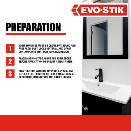 Clear all-purpose silicone sealant preparation diagram for clean, dry joint surfaces