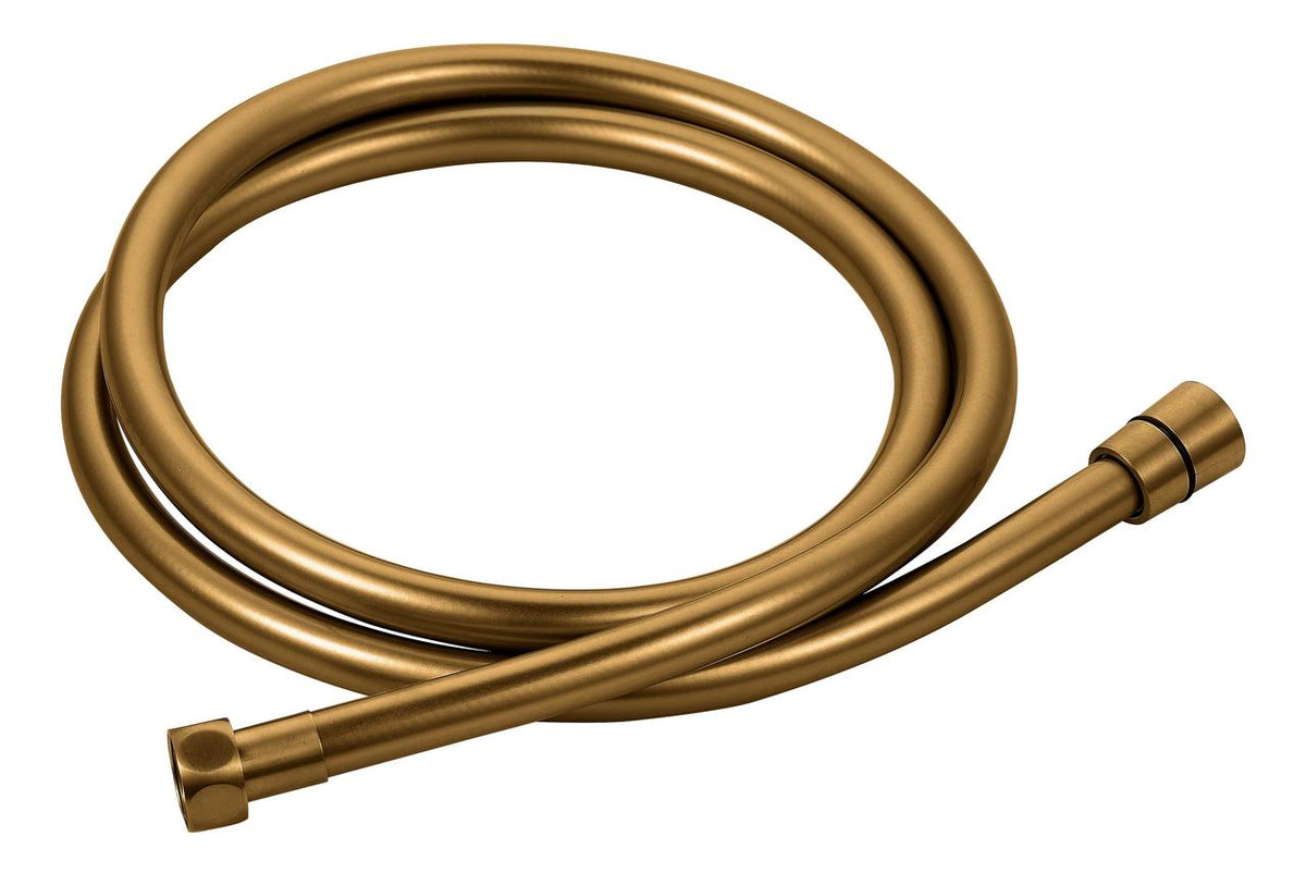 Brushed bronze PVC shower hose with coiled loop and metal connector ends