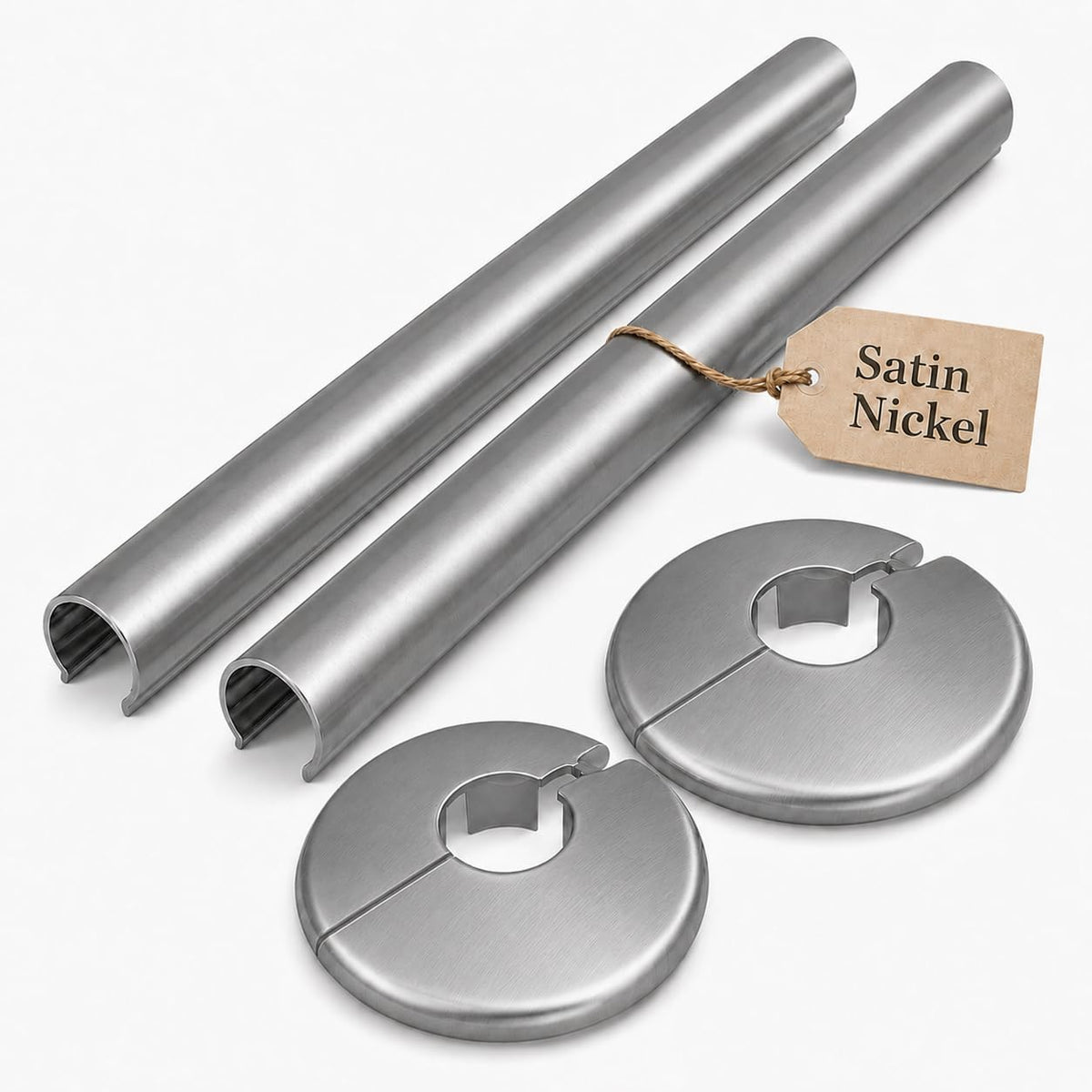 Satin brushed nickel radiator pipe sleeves and collars, clip-on metal covers for 15mm pipes